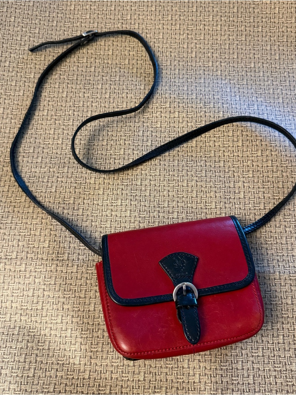 Firenze Italian Leather Crossbody Bag Red Black Fleur De Lis vintage